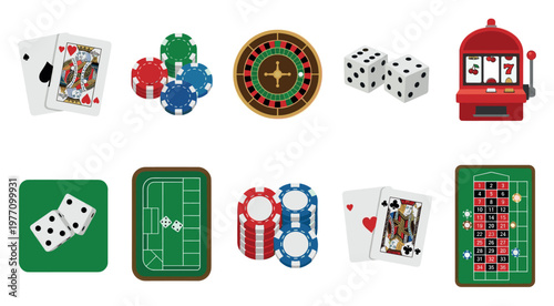 A vibrant collection of flat design icons representing various casino games including playing cards, dice, roulette wheel, chips, and a slot machine, perfect for gambling and entertainment concepts.