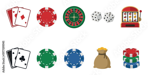 A vibrant collection of flat design casino icons including playing cards, roulette wheel, dice, slot machine, poker chips, and a money bag on a white background.