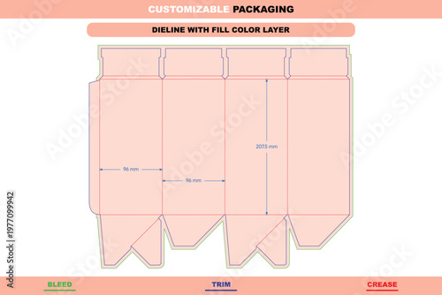 Tuck end box dieline template with four panels, featuring labeled bleed, trim, and crease lines with 96mm and 207.5mm dimension measurements