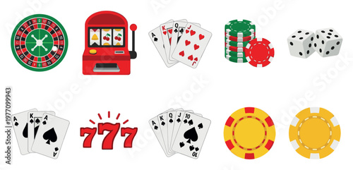 A vibrant collection of flat design casino game elements including roulette, slot machine, playing cards, dice, and chips, perfect for gaming concepts.