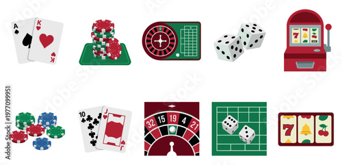 A vibrant collection of flat design casino icons including playing cards, poker chips, dice, roulette wheel, and slot machine, perfect for gambling themes.