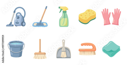 A collection of colorful, flat design icons representing various household cleaning tools and supplies, including a vacuum, mop, spray bottle, sponge, gloves, bucket, broom, dustpan, brush, and cloth.