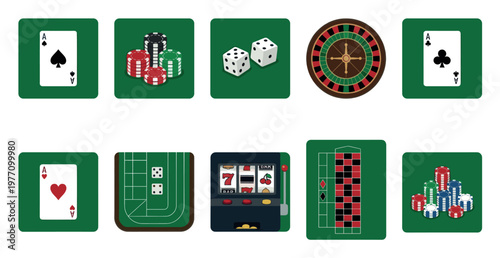 A collection of casino game icons, including playing cards, dice, poker chips, roulette wheel, slot machine, and roulette table on a green background.