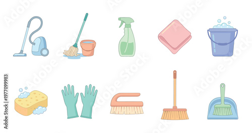 A set of ten cartoon-style cleaning supplies arranged in two rows, featuring a vacuum, mop, spray bottle, cloth, bucket, sponge, gloves, brushes, and dustpan.