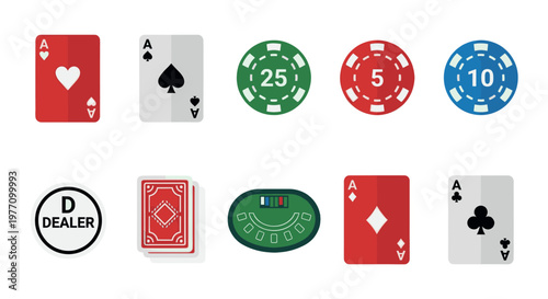 A clean flat design featuring various casino game icons including aces, poker chips, a dealer button and a card deck on a white background.
