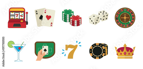 A colorful collection of flat design casino icons including a slot machine, playing cards, dice, roulette wheel, chips, crown, and a cocktail.