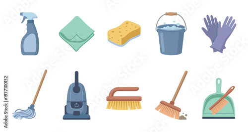 A collection of essential cleaning supplies depicted in a modern flat design style, including a spray bottle, sponge, bucket with soap, gloves, mop, vacuum, brushes, and dustpan.