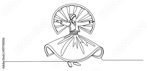 Whirling dervish sufi dancer performing sema ceremony in continuous line art style