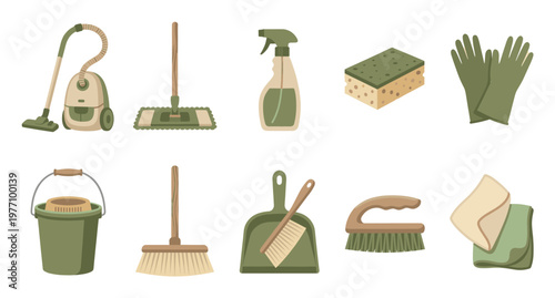 A collection of cartoon-style cleaning tools including a vacuum, mop, spray bottle, sponge, gloves, bucket, broom, dustpan, brush, and cloth on a white background.