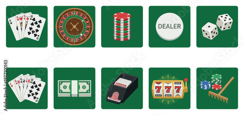 A vibrant collection of flat design icons representing various casino games and elements, including playing cards, roulette, chips, dice, slot machine, and money.