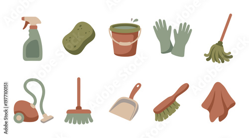 A collection of flat design illustrations featuring essential cleaning tools like a spray bottle, sponge, bucket, gloves, mop, vacuum, dustpan, brush, and cloth, perfect for home or commercial .