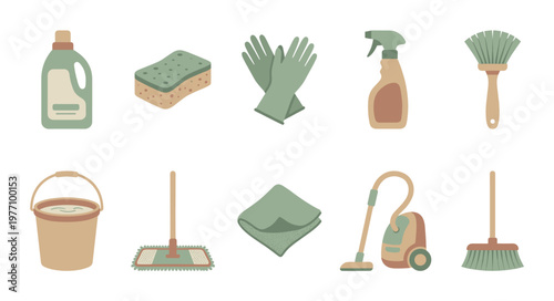 A collection of vector flat icons representing various cleaning supplies, including a bucket, mop, vacuum, and brushes, in a soft color palette.