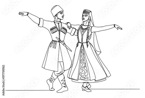 Caucasian folk dance couple performing lezginka in traditional costumes in one line drawing style