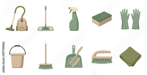 A flat vector illustration showcases a collection of cleaning supplies arranged in two rows against a white background.