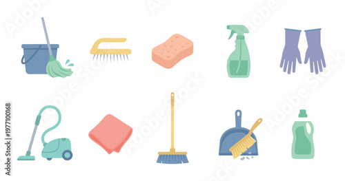 A cheerful flat illustration set featuring essential household cleaning supplies like a mop, bucket, vacuum, broom, and gloves, perfect for hygiene and home care themes.