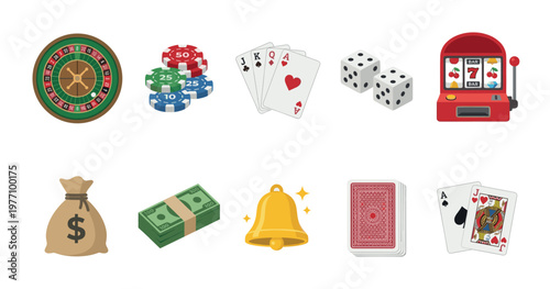 Collection of diverse casino gambling icons, including roulette wheel, poker chips, cards, dice, slot machine, money bag and stack, and a bell, all isolated on a white background.