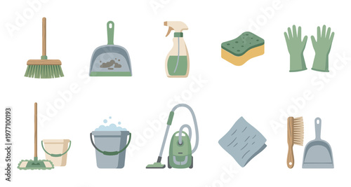 A collection of flat design illustrations depicts various cleaning supplies including brooms, dustpan, spray bottle, sponge, gloves, mop, bucket, vacuum cleaner, cloth, and brush on a white background