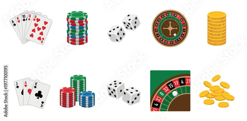 A collection of flat design icons representing casino games including playing cards, poker chips, dice, roulette wheel, and gold coins, isolated on a white background for versatile use.
