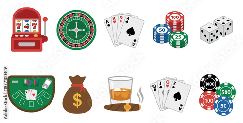 A collection of flat design illustrations representing various casino games and elements, including a slot machine, roulette, poker chips, dice, cards, and a whiskey glass with a cigar.