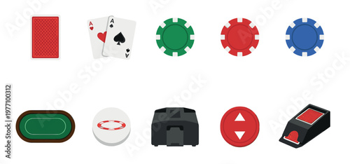 A clean, flat illustration set showcasing various casino and poker game items including playing cards, chips, a poker table, and a card shoe.