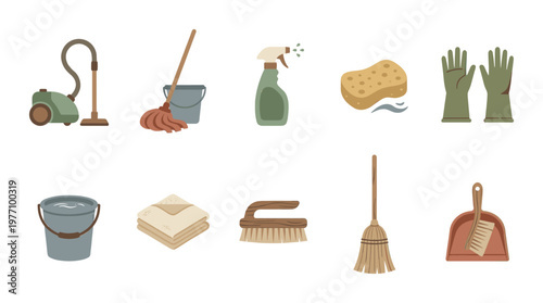 A flat design collection of ten cleaning tools and supplies arranged in two rows, perfect for illustrating household chores and sanitation.