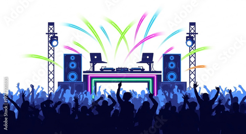 DJ stage with speakers and laptops illuminated by neon lights and colorful fireworks with a cheering crowd at a music concert or festival