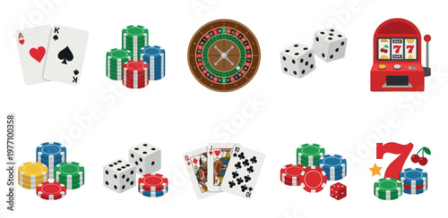 A collection of colorful gambling icons including poker chips, dice, playing cards, a roulette wheel, and a slot machine, presented on a clean white background.