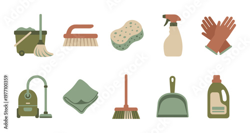 A flat design collection of various cleaning tools and supplies, including a mop, bucket, brush, sponge, spray bottle, gloves, vacuum cleaner, cloth, dustpan, and detergent, on a white background.
