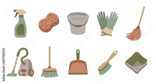 A collection of flat design cleaning tools including a spray bottle, sponge, bucket, gloves, mop, vacuum, broom, dustpan, brush, and cloth isolated on a white background.