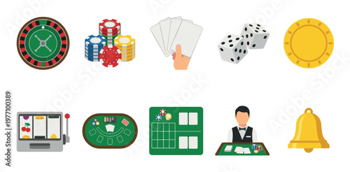 A flat design collection of casino gambling icons including roulette, chips, cards, dice, a slot machine, poker table, and dealer, perfect for game or betting concepts.