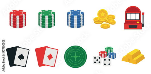 A vibrant, flat design collection of casino and gambling icons including poker chips, coins, dice, playing cards, roulette wheel, and gold bars on a white background.