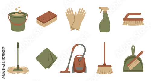 This vibrant, flat vector illustration showcases a collection of essential cleaning supplies arranged in two rows, perfect for representing household chores and hygiene.