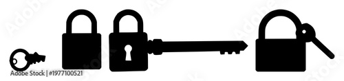 Key and lock set with black silhouette on white background featuring key, lock, silhouette, dark design, white backdrop with illustration with vector and graphic resources