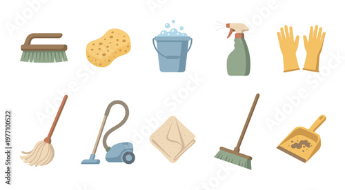 A flat design vector illustration featuring a collection of essential cleaning supplies and tools arranged on a white background, perfect for household or professional cleaning concepts.