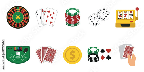 A collection of colorful flat design icons representing various casino gambling games and elements including a roulette wheel, playing cards, dice, slot machine, and poker table.