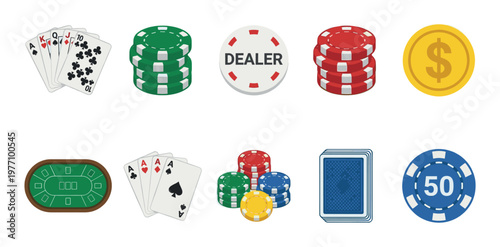 A collection of flat design icons related to casino gambling including playing cards, poker chips, a dealer button, a dollar coin, and a poker table.