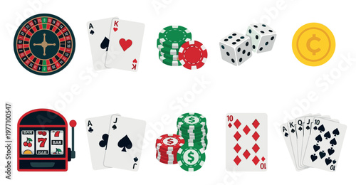 A vibrant collection of casino gambling icons including roulette, poker chips, dice, playing cards, a slot machine, and a coin, isolated on a clean white background.