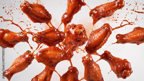 Delicious chicken wings drenched in a rich, savory sauce, presented as a vibrant food photography explosion