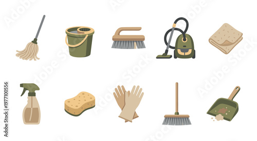 This flat design collection features essential cleaning tools including a mop, bucket, vacuum, brushes, gloves, spray bottle, and dustpan for a clean home.