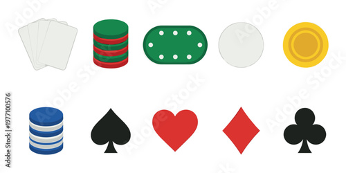 A collection of flat design icons representing elements of casino gambling including playing cards, chips, and a poker table on a white background.