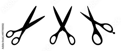 Scissors set with single black silhouette in white background featuring kitchen tools, office supplies, craft equipment with scissors blades and handles