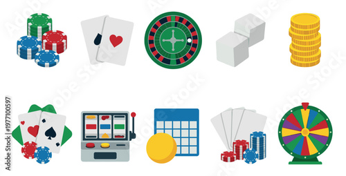 A flat design illustration featuring various casino game icons including poker chips, playing cards, dice, roulette wheel, slot machine, and money.