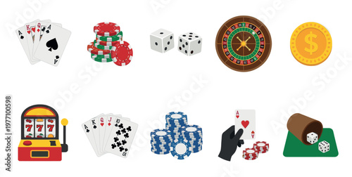 A collection of casino-related items including playing cards, chips, dice, roulette wheel, slot machine, and dollar coin, presented on a white background.