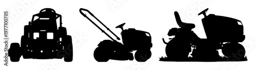Lawn mower set with black silhouette on white background featuring outdoor power tool, gardening equipment, mowing machine with professional and commercial