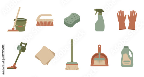 A flat illustration of various cleaning tools arranged in two rows, including a mop, bucket, vacuum, sponge, spray bottle, gloves, cloth, broom, dustpan, and cleaning solution.