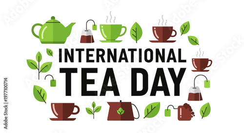 Decorative International Tea Day frame with various teapots, teacups, and tea leaves on an isolated white background.