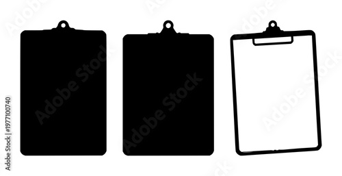 Clipboard set with black silhouette on white background featuring clipboard, office, business with line art and illustration