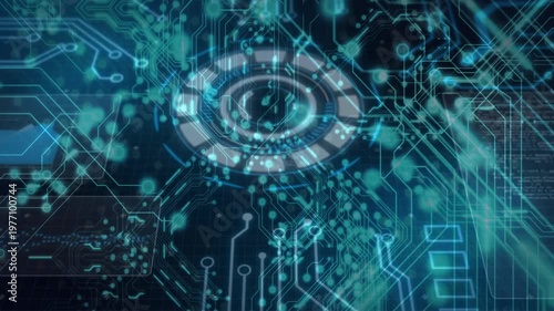 Central hub receiving input, brightening, pulsing, lighting nodes, showing panels for tech control