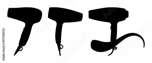 Hair dryer set with black silhouette on white background featuring appliance, electrical device, grooming with single object and red LED