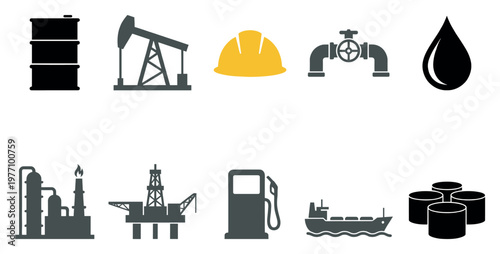 A clean graphic design showcasing ten icons related to the oil and energy industry, including barrels, pump jacks, and pipelines on a white background.